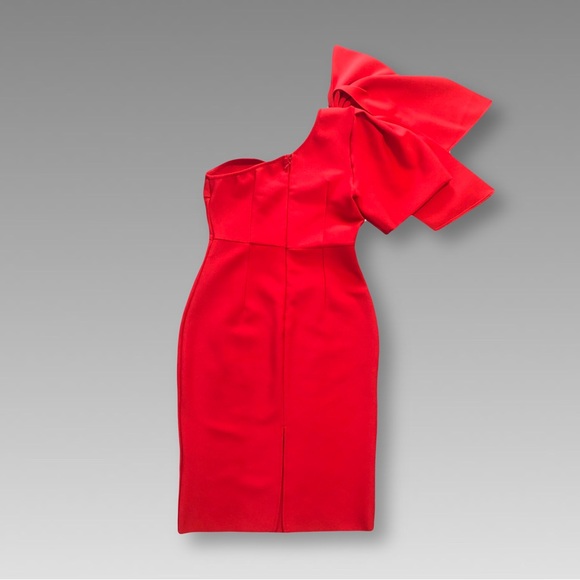 One Shoulder RED Midi Sheath Dress Bow Detail Sleeveless Back Slit Size S - Picture 2 of 6